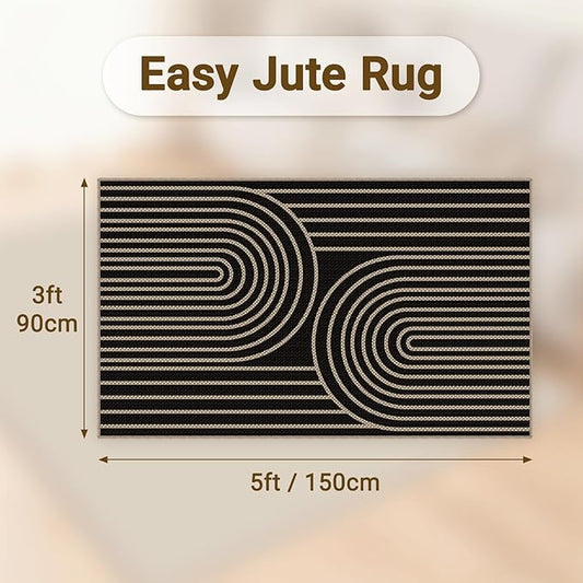 Easy Jute Rugs for Entryway, 3' x 5' Indoor Outdoor Rug, Black Farmhouse Washable Ultra-Thin Non-Slip Area Rug for Foyer, Backdoor, Living Room, Kitchen, Bedroom, Balcony