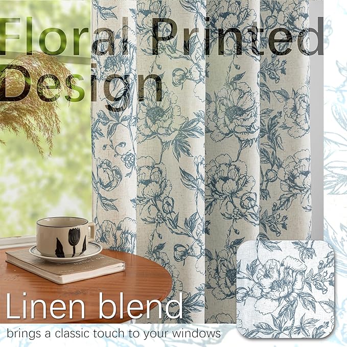 Blue Floral Curtains for Bedroom Living Room,63 Inch Length Linen Blend Curtains with Vintage Peony,Privacy Light Filtering Farmhouse Drapes Grommets 2 Panels Set, 50" W X 63" L,Navy Blue