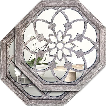 ZOLAPI 2 PCS 20 inch Octagon Wall-Mounted Mirrors,Vintage Farmhouse Mirror for Wall Decor,Barn Wood Color Decorative Accent Mirror for Foyer, Bathroom, Bedroom. (20”x20”)