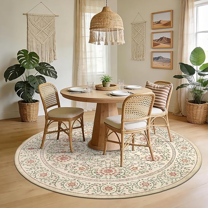 GarveeHome Boho Round Rugs 6ft for Living Room Non Slip, Vintage Botanical Circle Rug Washable Area Rug for Dining Room Stain Resistant, Low Pile Soft Camel Circular Carpet for Nursery Kitchen