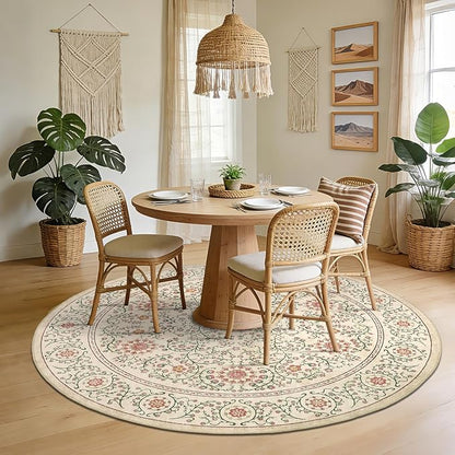 GarveeHome Boho Round Rugs 6ft for Living Room Non Slip, Vintage Botanical Circle Rug Washable Area Rug for Dining Room Stain Resistant, Low Pile Soft Camel Circular Carpet for Nursery Kitchen