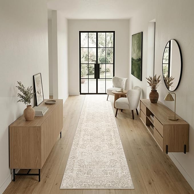 Rugxara 2x10 Washable Runner Rug, Non Slip Boho Runner Rugs for Hallway, Kitchen, Entrance, Bathroom, Laundry Room, Soft Ultra-Thin Entryway Carpet, Throw Low Pile Retro Imitation Carpet, Brown