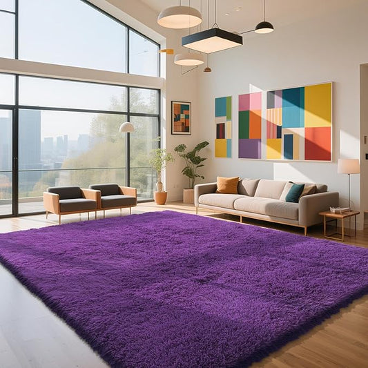 Purple Fluffy Rug Shag Area Rug, 9x12 Area Rugs for Girls Bedroom, Big Soft Shag Bedside Non-Slip Plush Dorm Nursery Kids Carpet Home Decor Aesthetic