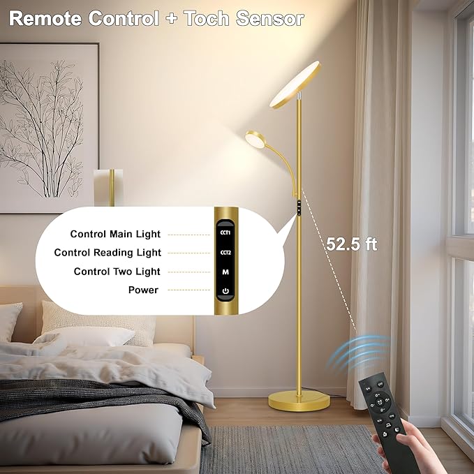 Floor Lamp-42W/4200LM Super Bright Floor Lamp,Dimmable 2-in-1 LED Floor Lamp for Bedroom,Torchiere Floor Lamps with Remote & Touch Control,69" Tall Standing Lamp for Living Room,Office,Reading,Gold
