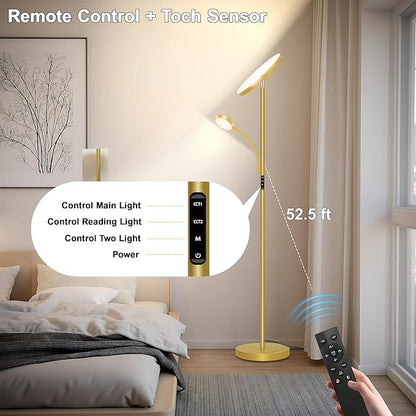 Floor Lamp-42W/4200LM Super Bright Floor Lamp,Dimmable 2-in-1 LED Floor Lamp for Bedroom,Torchiere Floor Lamps with Remote & Touch Control,69" Tall Standing Lamp for Living Room,Office,Reading,Gold