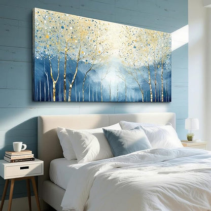 Oversized Abstract Plant Wall Art For The Living Room, Blue And Yellow Birch Forest Canvas Print, Modern Natural Horizontal Wall Decor For Bedrooms, Bathrooms, Dining Rooms, And Entryways. 58X29 Inches.