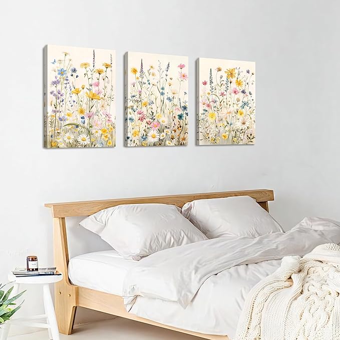 WENGTIAO 3Pcs Framed Colorful Wildflower Canvas Wall Art, Yellow Watercolors Flowers Wall Pictures Floral Canvas Prints Wall Decor Paintings for Living Room Girls Bedroom Ready to Hang 20"x28"x3