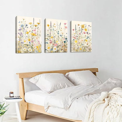 WENGTIAO 3Pcs Framed Colorful Wildflower Canvas Wall Art, Yellow Watercolors Flowers Wall Pictures Floral Canvas Prints Wall Decor Paintings for Living Room Girls Bedroom Ready to Hang 20"x28"x3