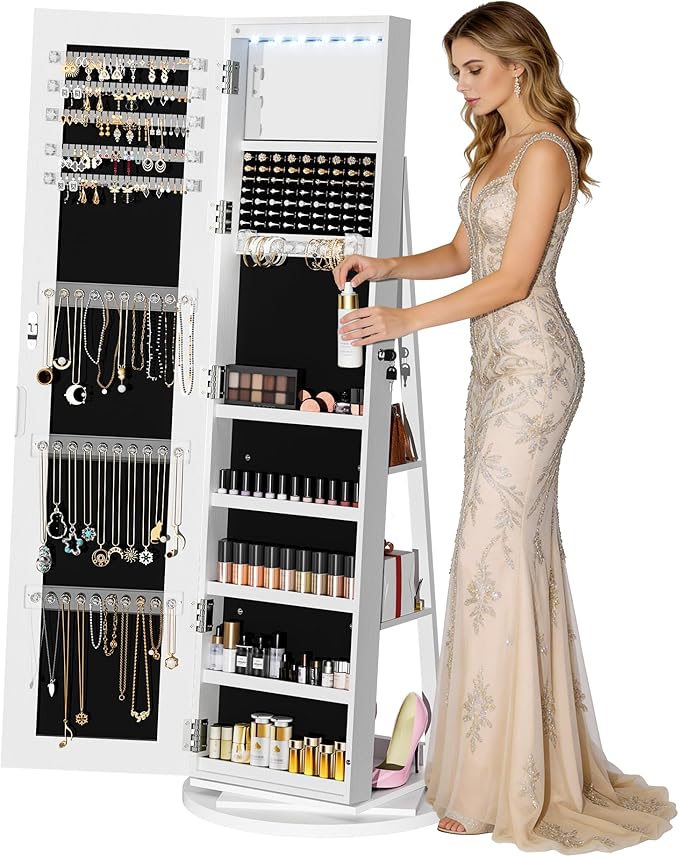6 LEDs Jewelry Armoire with Frameless Full-Length Mirror, 360° Swivel Jewelry Cabinet Standing with 3 Back Shelves, Jewelry Organizer with Storage Lockable for Women Gift, White