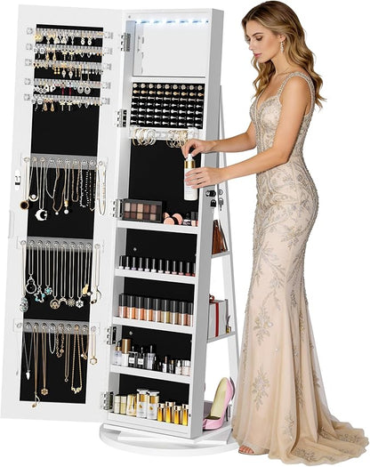 6 LEDs Jewelry Armoire with Frameless Full-Length Mirror, 360° Swivel Jewelry Cabinet Standing with 3 Back Shelves, Jewelry Organizer with Storage Lockable for Women Gift, White