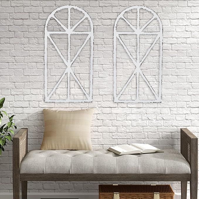 SwallowLiving Set of 2 Large Farmhouse Window Frame Wall Decor, 16x32 Inch Rustic Cathedral Arch Wood Wall Art, Distressed White Faux Church Window Frames for Living Room, Bedroom Entryway (NO WREATH)