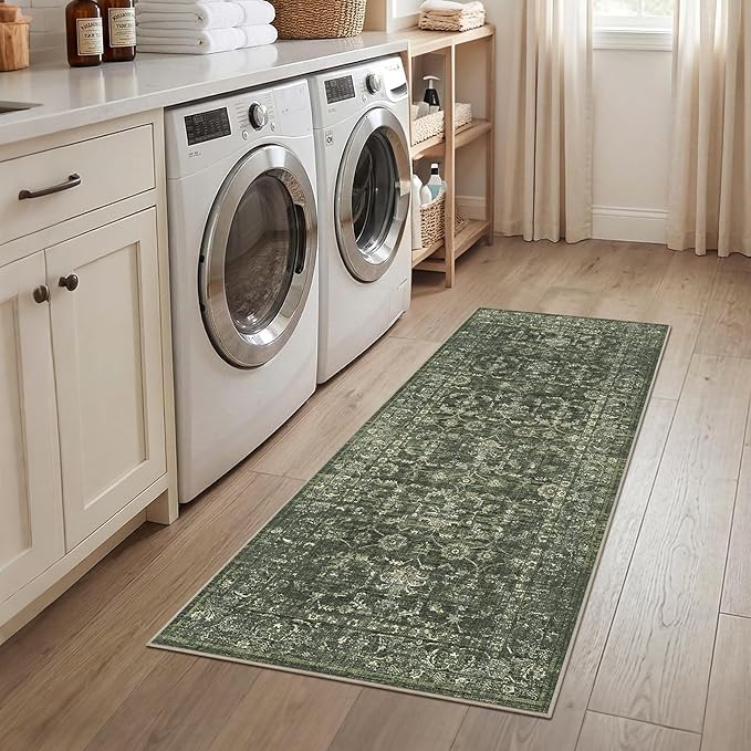 2x5 Green Runner Rug Hallway Washable Area Rugs Kitchen Vintage Boho Non Slip Long Rug Floral Carpet Indoor Retro Soft Low Pile Throw Rug for Bedroom Bathroom Laundry Dining Living Room Office