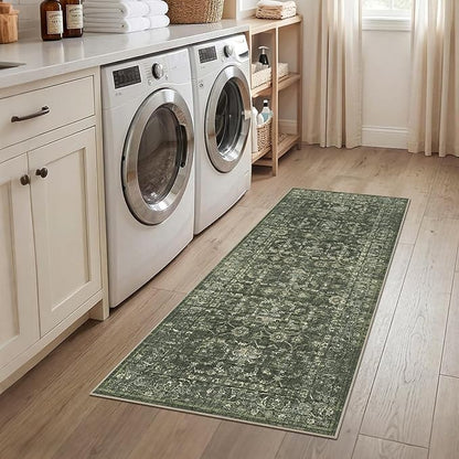 2x5 Green Runner Rug Hallway Washable Area Rugs Kitchen Vintage Boho Non Slip Long Rug Floral Carpet Indoor Retro Soft Low Pile Throw Rug for Bedroom Bathroom Laundry Dining Living Room Office