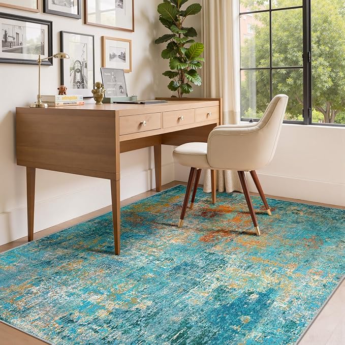 RELEANY Washable Area Rugs 9'x12' Non-Slip Modern Abstract Soft for Living Room Entryway Bedroom Nursery, Print Pattern, Teal Blue Green Orange Rust Red Coloreful