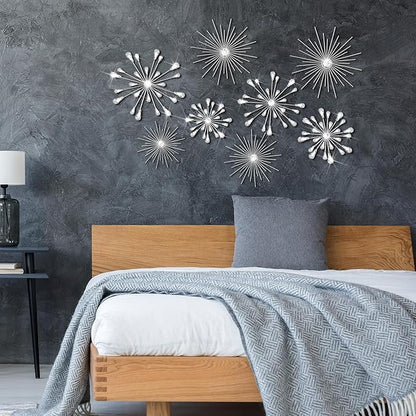 Blulu 8 Pcs Silver Metal Wall Art Cast Iron Starburst Wall Decor Bling Crystal Sculptures Living Room 3D Teardrop Radial Rhinestone Hanging Diamond Accents for Home Office Bedroom Entryway