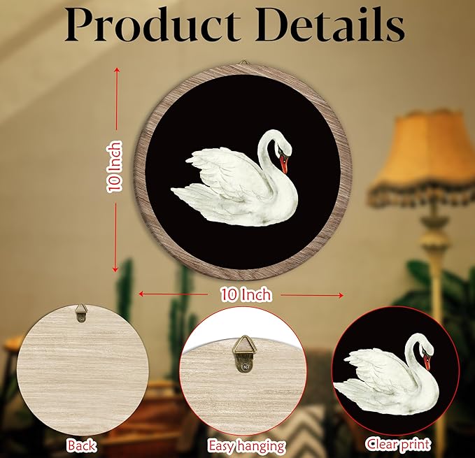 Vintage Swan Hanging Wall Decor, Lone Holy Swan Round Wooden Wall Art, Vintage Aesthetic Artwork Rustic Western Boho Decorations for Apartment Home Living Room Bedroom Bathroom Kitchen Office, 09