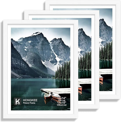 Hongkee 11x15 Picture Frame with Real Glass - Display Pictures 10x14 with Mat or 11 x 15 without Mat, Wall Collage Photo Frame set(White, 3 Pack)