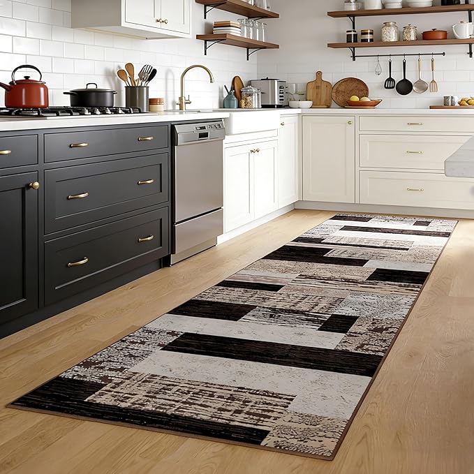 FlyDOIT Modern Geometric Patchwork Area Rug, 2.7x8 Chocolate Runner Rugs for Living Room, Rockwood Collection Indoor Rugs for Bedroom, Throw Carpet Floor Decor for Entryway Dining Room Office Nursery