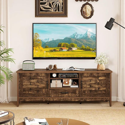 Giantex Farmhouse TV Stand for 65 Inch TVs, 59" Wood Entertainment Center with 2 Woven Accent Doors, Storage Drawer & 3 Adjustable Shelves, Media Console Table for Living Room, Bedroom (Rustic Brown)