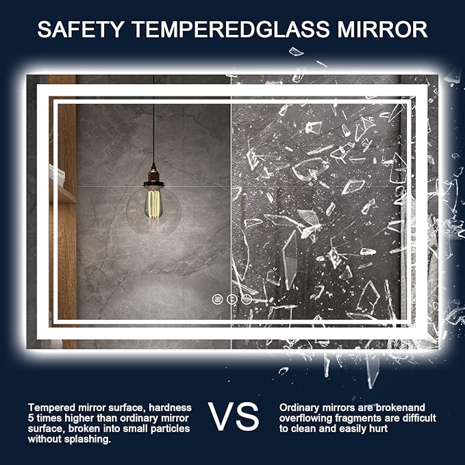 60x40 Inch LED Bathroom Mirror with Lights, Backlit and Front Lighted Bathroom Mirrors for Wall, Anti-Fog Dimmable Memory Shatterproof LED Vanity Mirror for Bathroom