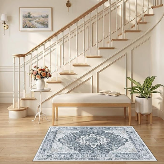 RELEANY Area Rugs 2'6"x4' Kitchen Rugs Entry Rug Small Rugs for Entryway Kitchen Bathroom Door Mat Indoor Entrance,Washable Non Slip, Light Gray Grey White