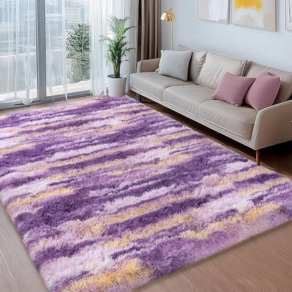 Shag Rugs for Bedroom, 4x6 Abstract Purple Soft Fuzzy Rugs for Living Room, Fluffy Shaggy Plush Carpet Girls Kids Room Dorm Upgrade Non-Slip