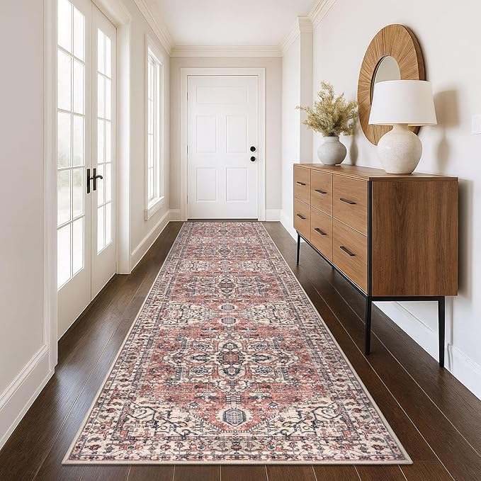 KOZYFLY Runners for Hallways 3x12 Ft Extra Long Washable Faux Wool Thin Hallway Rug Boho Runner Carpet Printed Entryway Rug for Bedroom Stairs Kitchen Living Room Hall, Red Salmon/Pink/Navy