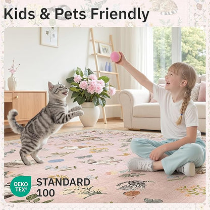 Soalmost Cat 3x5 Area Rugs for Entryway, Machine Washable Animal Floral Accent Rug Non-Slip Low Pile Soft Throw Rugs for Kitchen Bedside Living Room Bedroom Kids Room (3 x 5,Pink)
