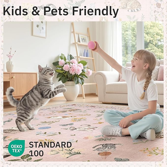 Soalmost Cat 4x6 Area Rugs for Baby Girl Nursery, Machine Washable Animal Floral Accent Rug Non-Slip Low Pile Soft Throw Rugs for Entryway Kitchen Bedside Living Room Bedroom Playroom (4 x 6,Pink)