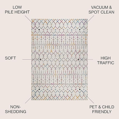 JONATHAN Y Boho Vintage Diamond Ivory/Multi Indoor Area Rug 5X8 ft, Moroccan Hype for Living Room, Bedroom, Kitchen, Office, Easy-Cleaning, High Traffic, Pet-Friendly, Non-Shedding (MOH101E-5)