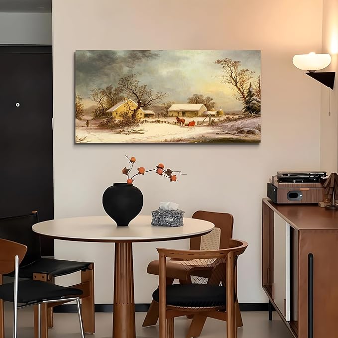 crmotu Winter Wall Art, Canvas Wall Art Landscape, Large Wall Decor, Rustic Farmhouse Wall Decor, Warm Country Vintage Paintings for Living Room Bedroom Above Bed Hallway Office Art Prints 24"X48"