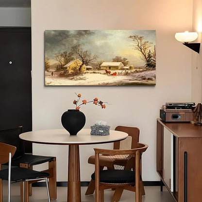 crmotu Winter Wall Art, Canvas Wall Art Landscape, Large Wall Decor, Rustic Farmhouse Wall Decor, Warm Country Vintage Paintings for Living Room Bedroom Above Bed Hallway Office Art Prints 24"X48"