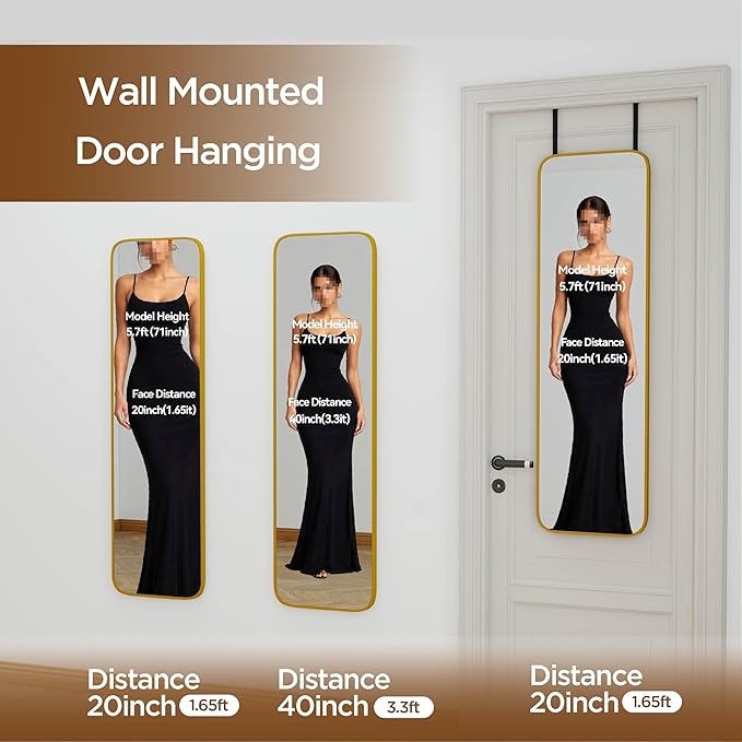 NARCISSUS 47x14 Mirror Door Hanging Full Length,Over Door or Wall Mounted Aluminum Alloy Frame Tempered Glass Rectangle Full Body Mirrors for Bedroom Dressing Living Room Bathroom 47 inch Gold