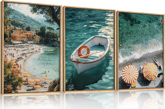 Aryroi Italy Spring Coastal Seascape Framed Canvas Wall Art Set,Mediterranean Amalfi Italian Blue Green Seaside Beach Decor,Natural Foreign Travel City Summer Artwork for Living Room,Farmhouse- 24"x36"x3