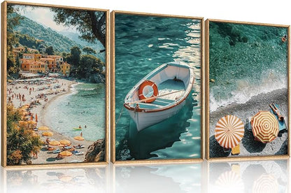 Aryroi Italy Coastal Seascape Framed Canvas Wall Art Set,Mediterranean Amalfi Italian Blue Green Seaside Beach Decor,Natural Foreign Travel City Summer Artwork for Living Room,Farmhouse- 16"x24"x3