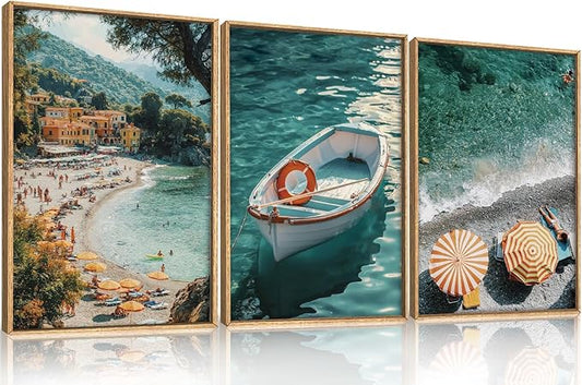 Aryroi Italy Coastal Seascape Framed Canvas Wall Art Set,Mediterranean Amalfi Italian Blue Green Seaside Beach Decor,Natural Foreign Travel City Summer Artwork for Living Room,Farmhouse- 16"x24"x3
