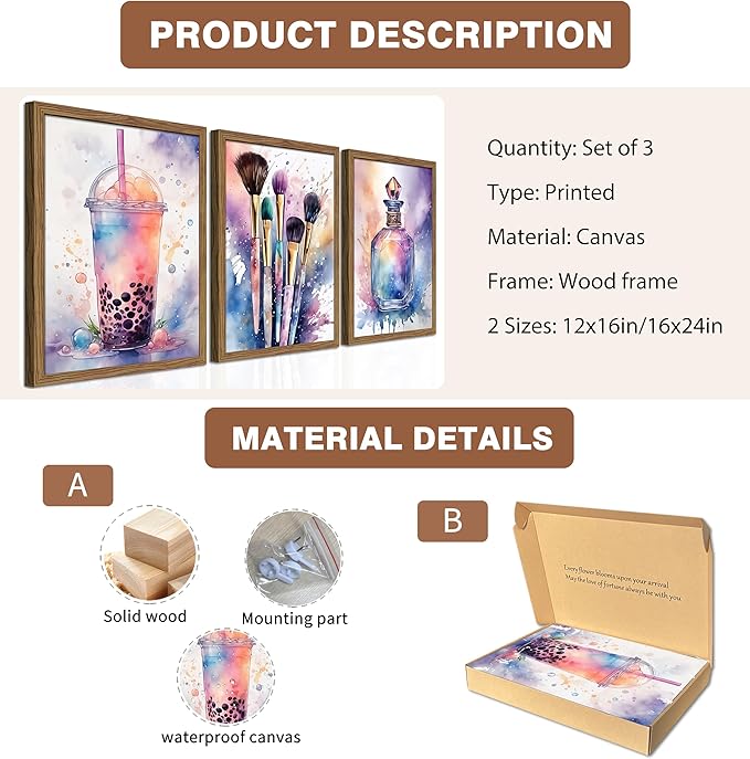 Framed Teen Girls Bedroom Wall Art Set of 3, Pink and Purple Splash Canvas Prints, Makeup Enthusiast Pictures Posters, Drinks Cosmetic Wall Decor for Teenage Girl Room Decor – 16x24 inch