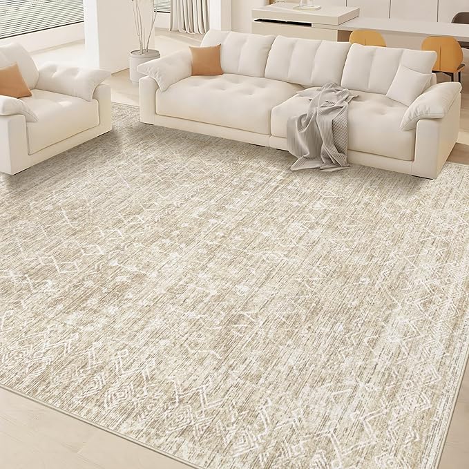 Area Rug for Living Room 6x9: Large Washable Boho Moroccan Rugs Geometric Neutral Rug, Non-Slip Foldable Morden Farmhouse Indoor Floor Carpet for Bedroom Dining Table Home (Moroccan Beige, 6'x9')
