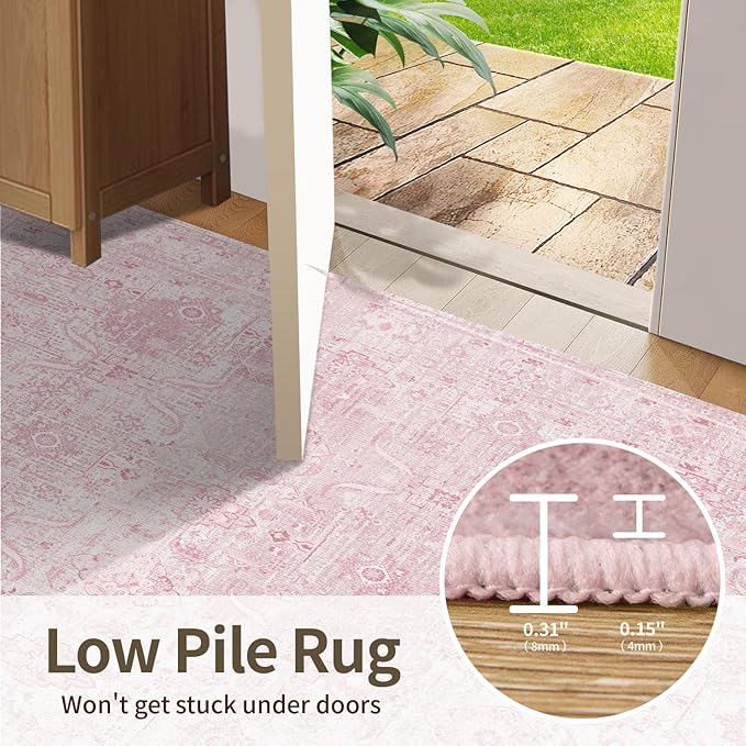 Rugxara 2x3 Entryway Rug Door Mat, Washable Boho Pink Samll Entry Rug, Non Slip Area Rugs, Low Pile Throw Accent Entry Carpet for Indoor Entrance, Front Door Mat, Bathroom and Kitchen(Pink 2x3ft)