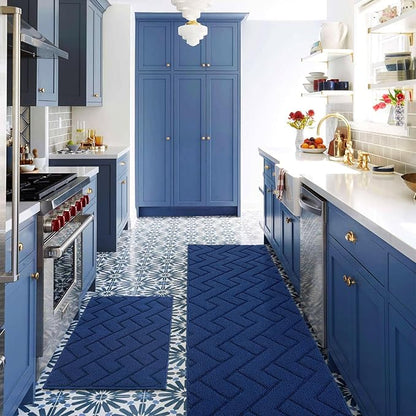 hicorfe Kitchen Runner Rugs and Mats Sets,2 Pieces Absorbent Non-Slip Kitchen Rug,Comfort Kitchen Mat for Floor,Washable for Kitchen,Hallway,Office,Sink,Laundry(24"x35"+24"x35",Navy Blue)