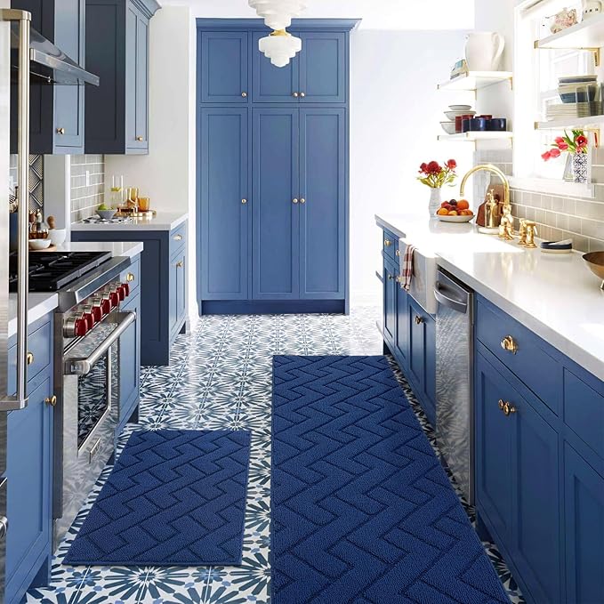 hicorfe Kitchen Runner Rugs and Mats Sets,2 Pieces Absorbent Non-Slip Kitchen Rug,Comfort Kitchen Mat for Floor,Washable for Kitchen,Hallway,Office,Sink,Laundry(24"x71"+20"x32",Navy Blue)