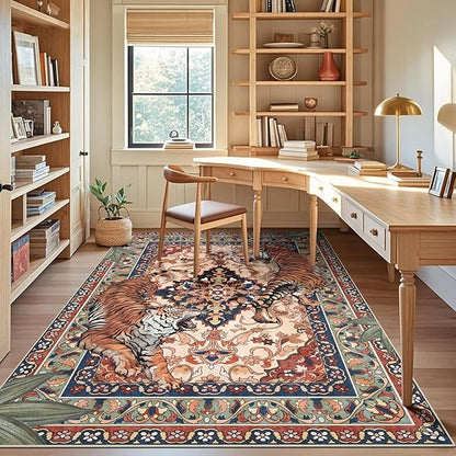 Tiger Washable Area Rugs for Living Room 5x7Ft Non Slip, Botanical Jungle Bedroom Rugs, Soft Boho Animal Printed Kids Nursery Floor Carpets for Dining Room Dorm Farmhouse Office, Red Blue