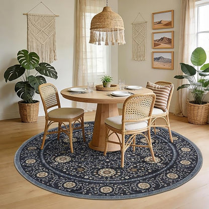 GarveeHome Boho Round Rug 4ft for Bedroom Non Slip, Vintage Botanical Circle Rugs Washable Area Rug for Kitchen Stain Resistant, Low Pile Soft Blue Circular Carpet for Nursery Entryway