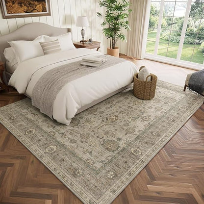Washable 6x9 Area Rugs for Living Room, Boho Non-Slip Vintage Distress Large Rugs for Bedroom Dining Room Nursery Office, 0.3" Neutral Oriental Throw Thin Carpet, Flaxen/Multi, B2