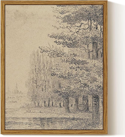 InSimSea Framed Canvas Wall Art, Vintage Sketch Landscape Painting, Rustic Nature Scenery Decor for Living Room Shelf Hallway,10x8in, Beige Tones