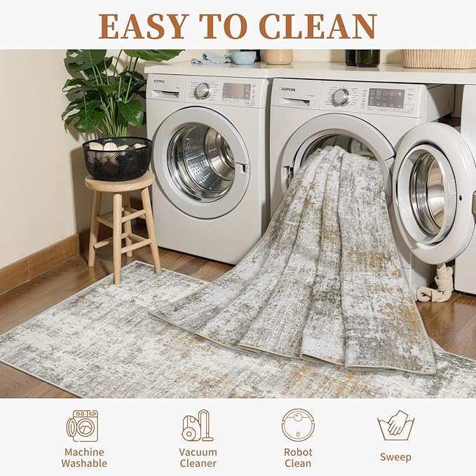 Tangsoo Abstract 3x5 Area Rug, Washable Non Slip Indoor Rugs, Modern Accent Rug Print Small Carpet, Contemporary Soft Low Pile Rugs for Living Room Dorm Bedroom Bedside Entryway Beige/Grey