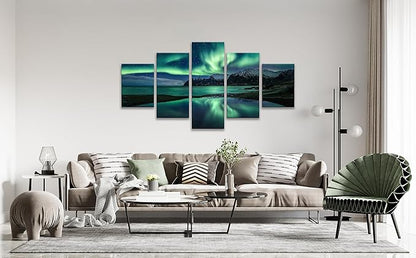 Aurora Borealis Wall Art Painting for Office Bedroom Scenery Landscape Canvas Print Framed Picture Northern Lights Poster Artwork Ready to Hang(60Wx32H)