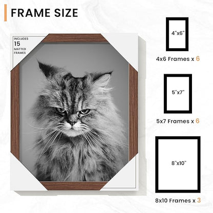 Venusmiles 15 Pack Picture Frames Collage Wall Decor, Gallery Frame Set for Wall Mounting or Tabletop Display, Multi Sizes Including 3pcs 8x10, 6pcs 5x7, 6pcs 4x6, Walnut