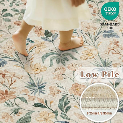8x10 Area Rugs Washable Rug: Lagre Boho Living Room Rug Soft Non-Slip Thin Carpet Indoor Floor Non-Shedding Neutral Floral Carpets for Bedroom Dining Room Farmhouse Nursery Beige
