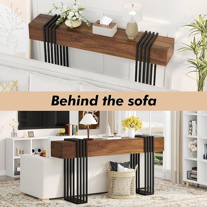 knoworld 63 Inch Long Console Table, Extra Thick Industrial Sofa Table Behind The Couch Rectangular Entryway Table for Entrance Hallway Living Room, Entire top Board & 4-Pipe Legs, Rustic Brown